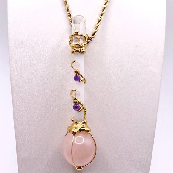 Gems Crystals Pendant Wand 3” Rose and Angel Quartz on Vntg Gold Filled Chain - Picture 7 of 7